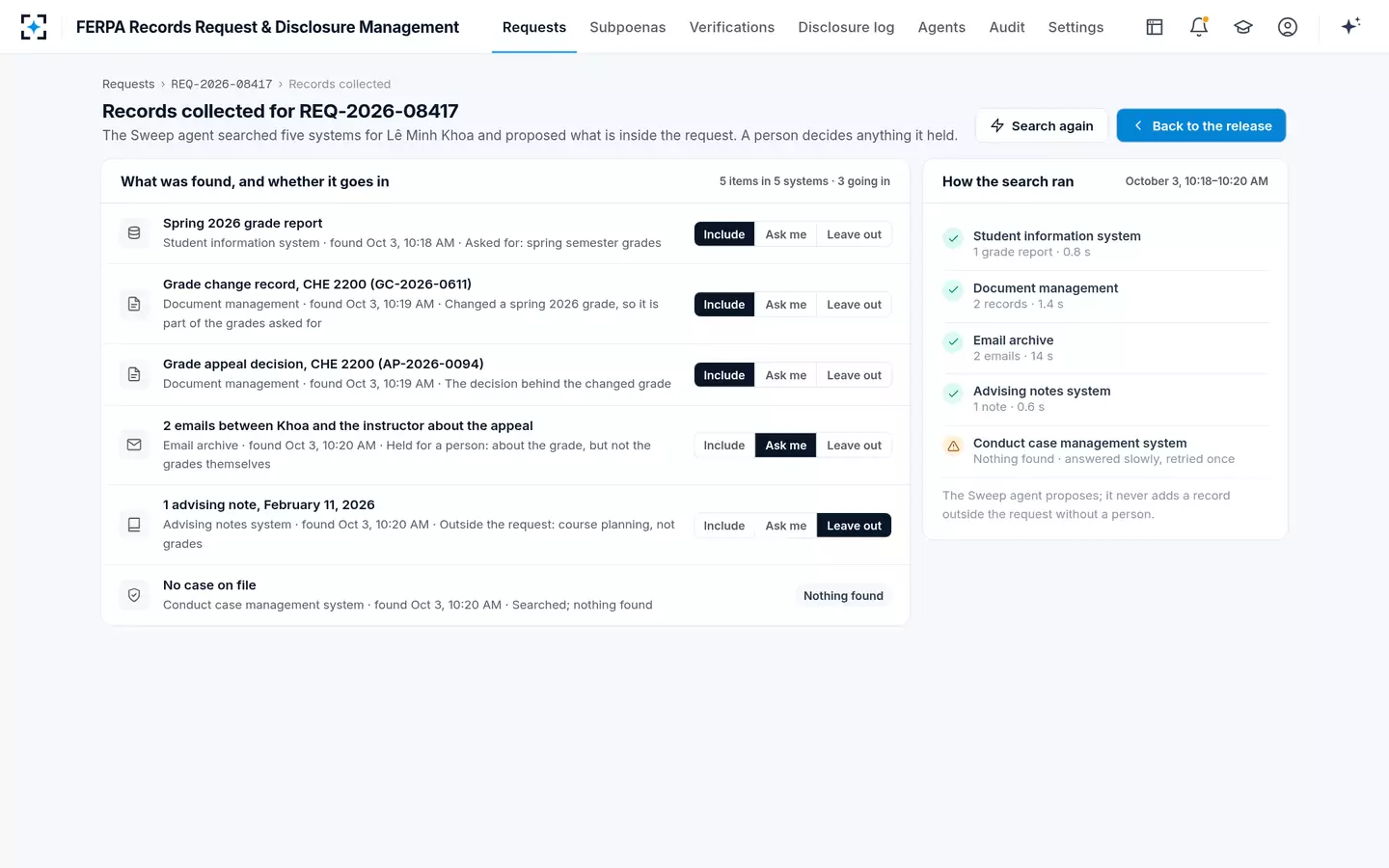 FERPA Records Request & Disclosure Management — Records collected from five systems, with the scope a person decides