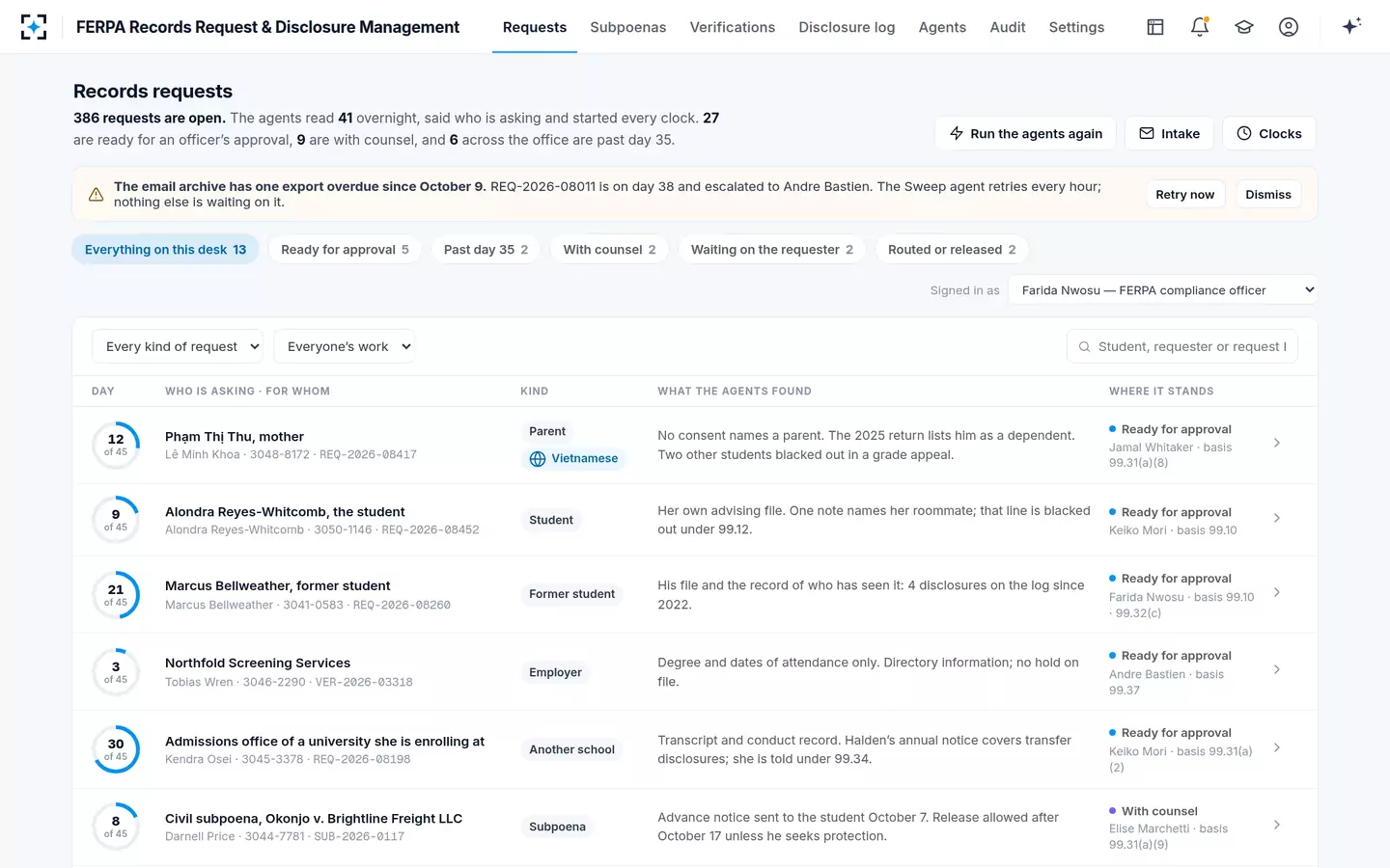 FERPA Records Request & Disclosure Management — The day in one sentence, then the requests that need a person