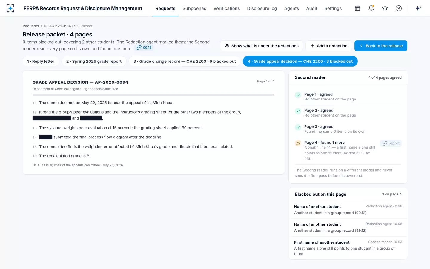 FERPA Records Request & Disclosure Management — FERPA redaction that knows whose record it is, checked by a second reader