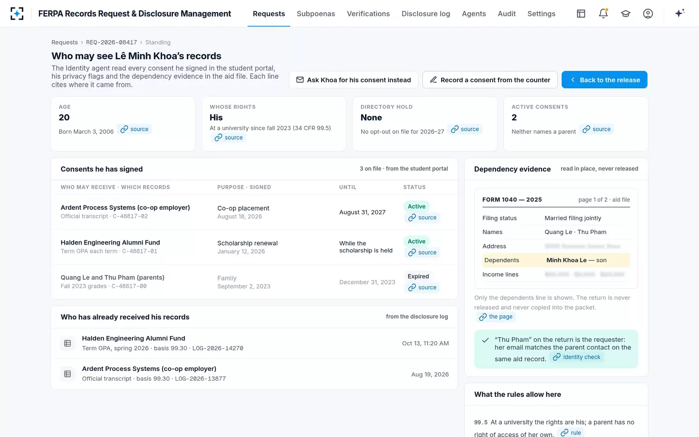 FERPA Records Request & Disclosure Management — The student's consents and the dependency evidence, each cited