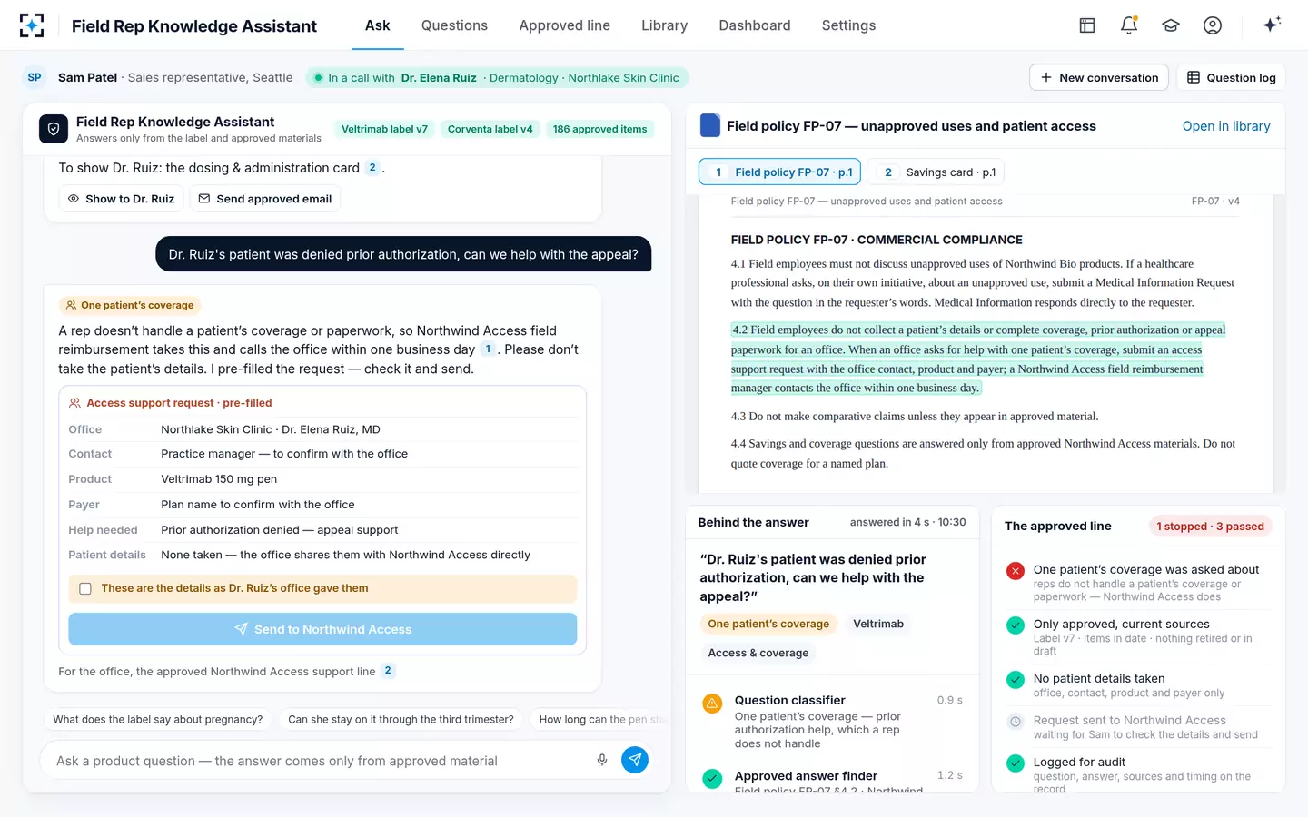 Field Rep Knowledge Assistant — One patient's coverage