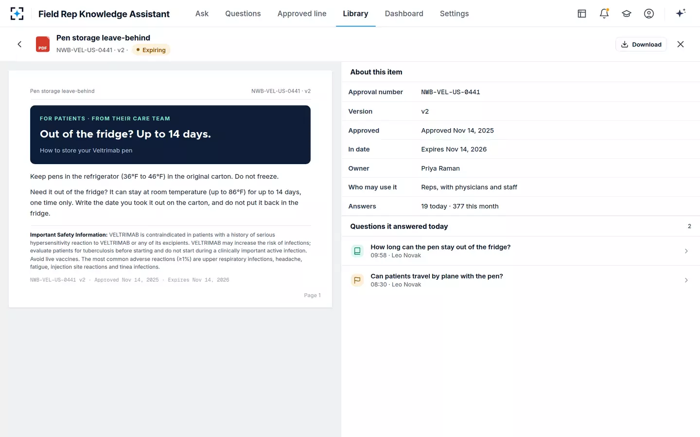 Field Rep Knowledge Assistant — One approved item