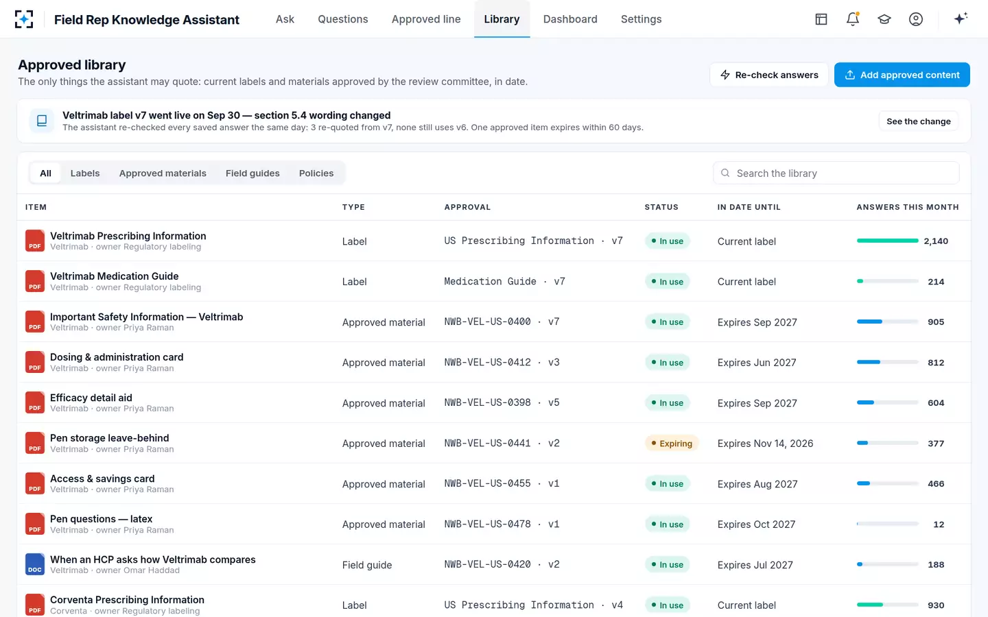 Field Rep Knowledge Assistant — Approved library