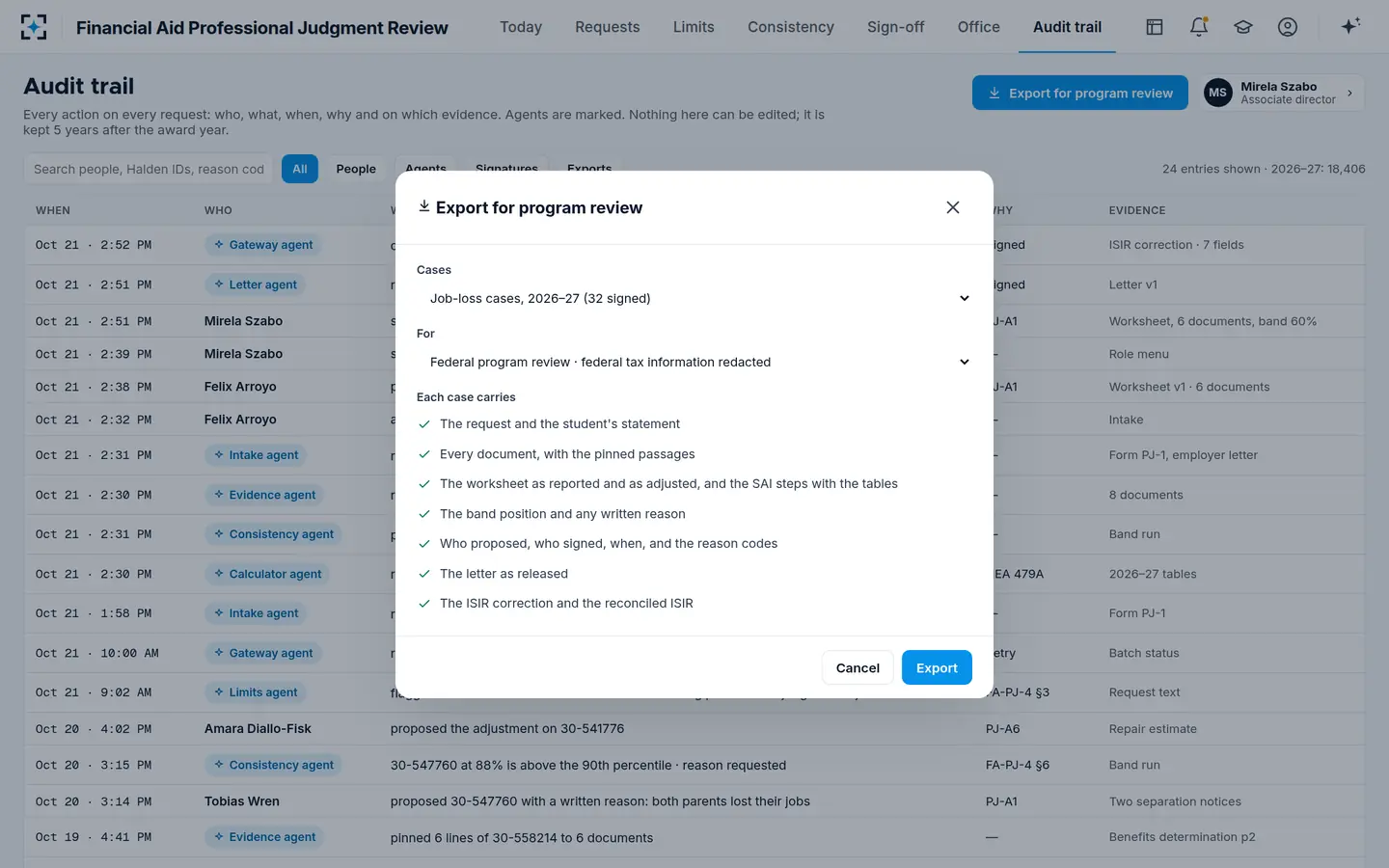Financial Aid Professional Judgment Review — An audit trail and an export pack for a federal program review