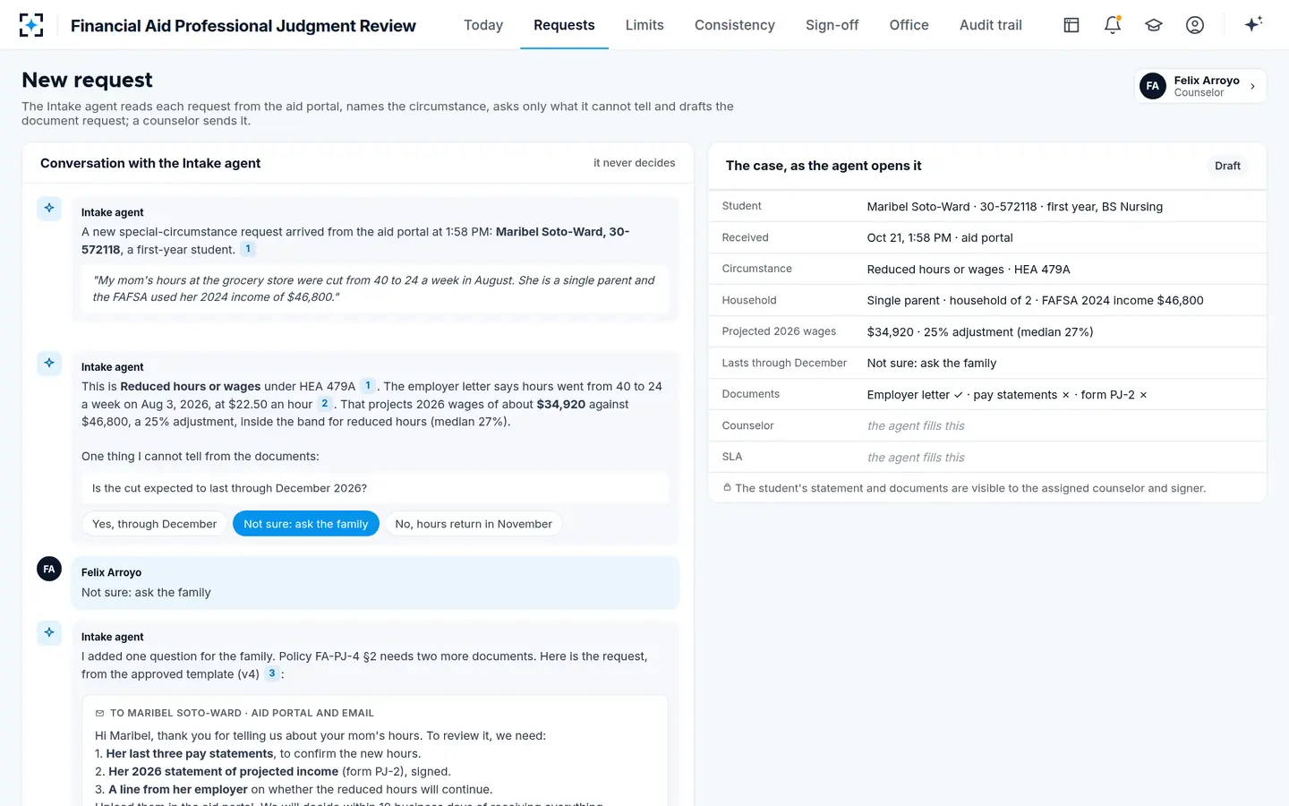 Financial Aid Professional Judgment Review — A new special circumstance appeal read in a conversation with the Intake agent