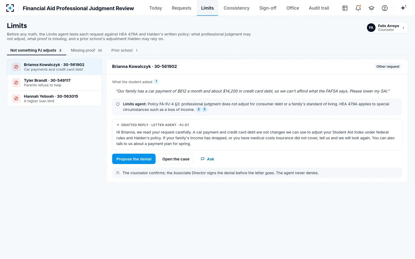 Financial Aid Professional Judgment Review — Requests professional judgment may not adjust, caught before any math
