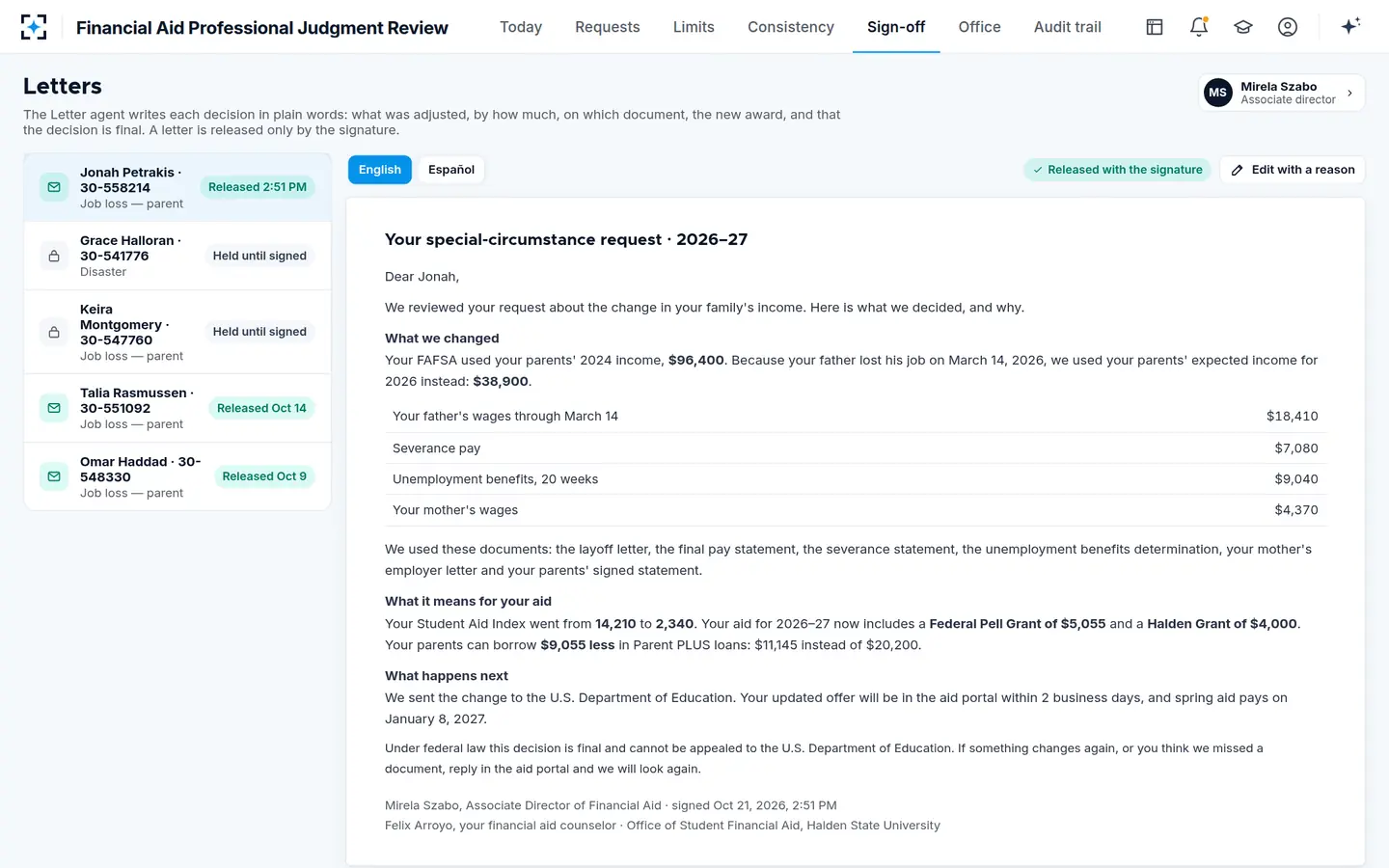 Financial Aid Professional Judgment Review — A financial aid appeal letter in plain words: what changed, on which document, and why