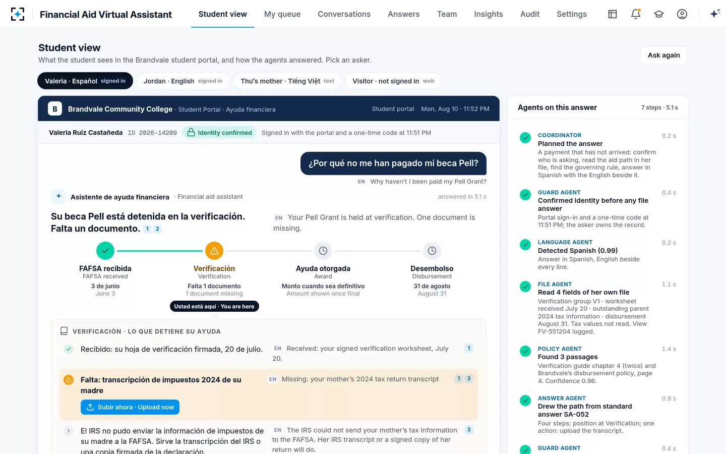 Financial Aid Virtual Assistant — The answer is the student's own aid path, in her language, with the English beside it