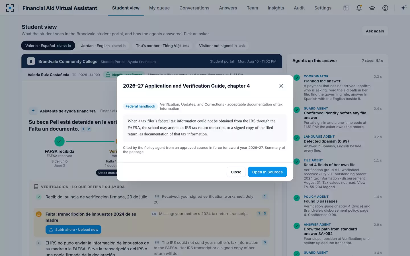 Financial Aid Virtual Assistant — Every line opens the passage it came from