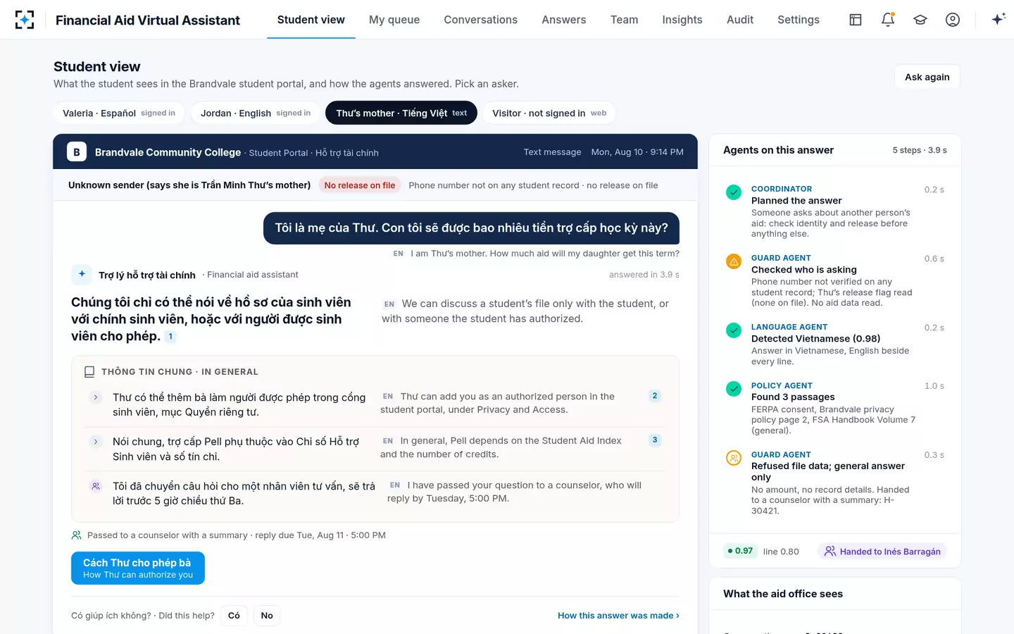 Financial Aid Virtual Assistant — A parent without a release is refused, kindly, in Vietnamese, and handed to a counselor