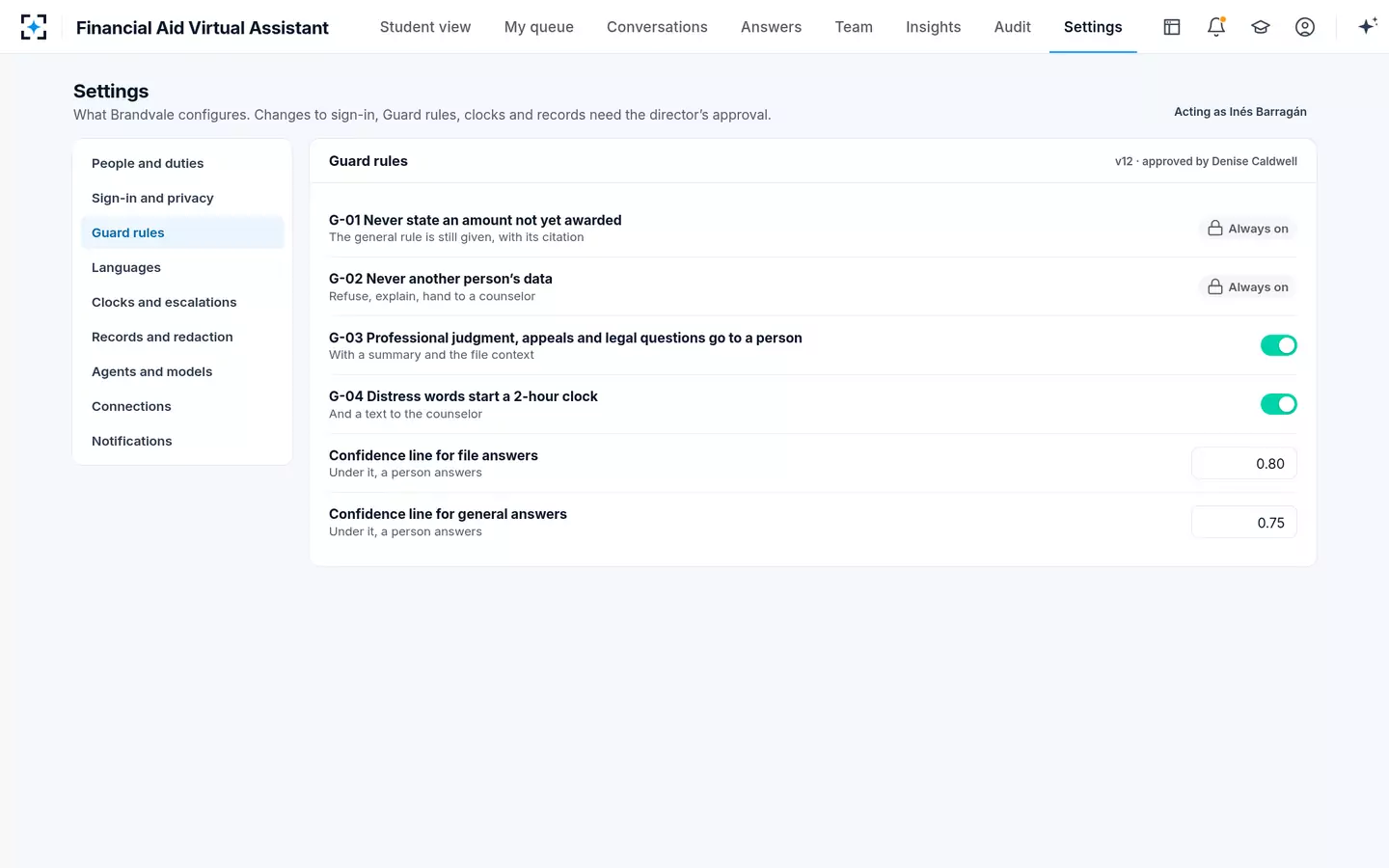Financial Aid Virtual Assistant — The rules the Guard enforces, set by the director