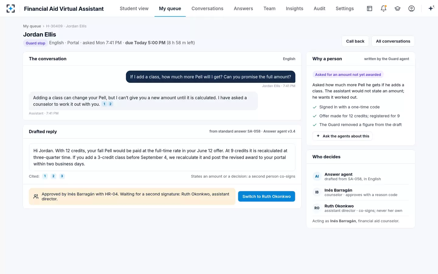 Financial Aid Virtual Assistant — A reply that states an amount or a decision needs a second person