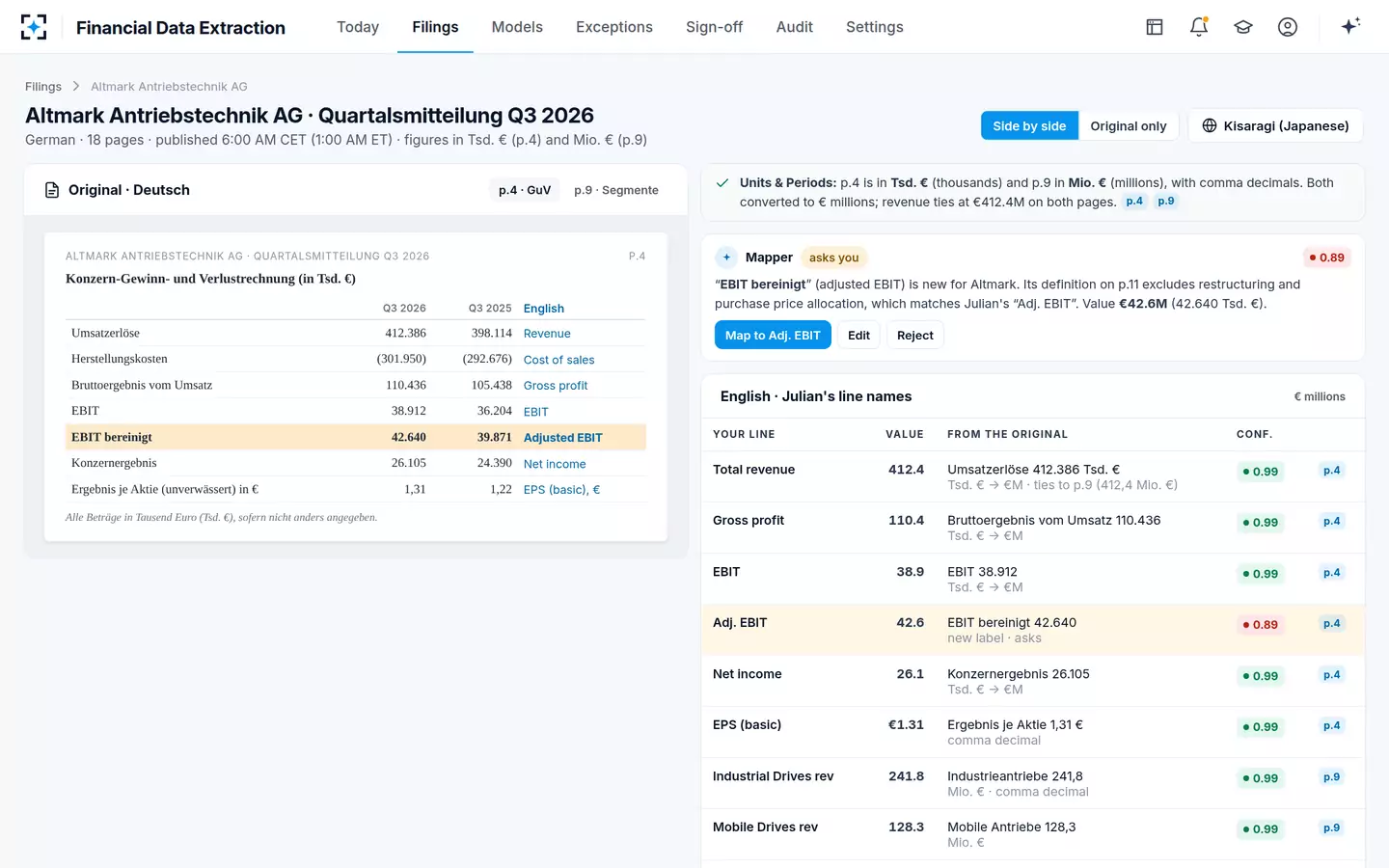 Financial Data Extraction — German filing beside English values