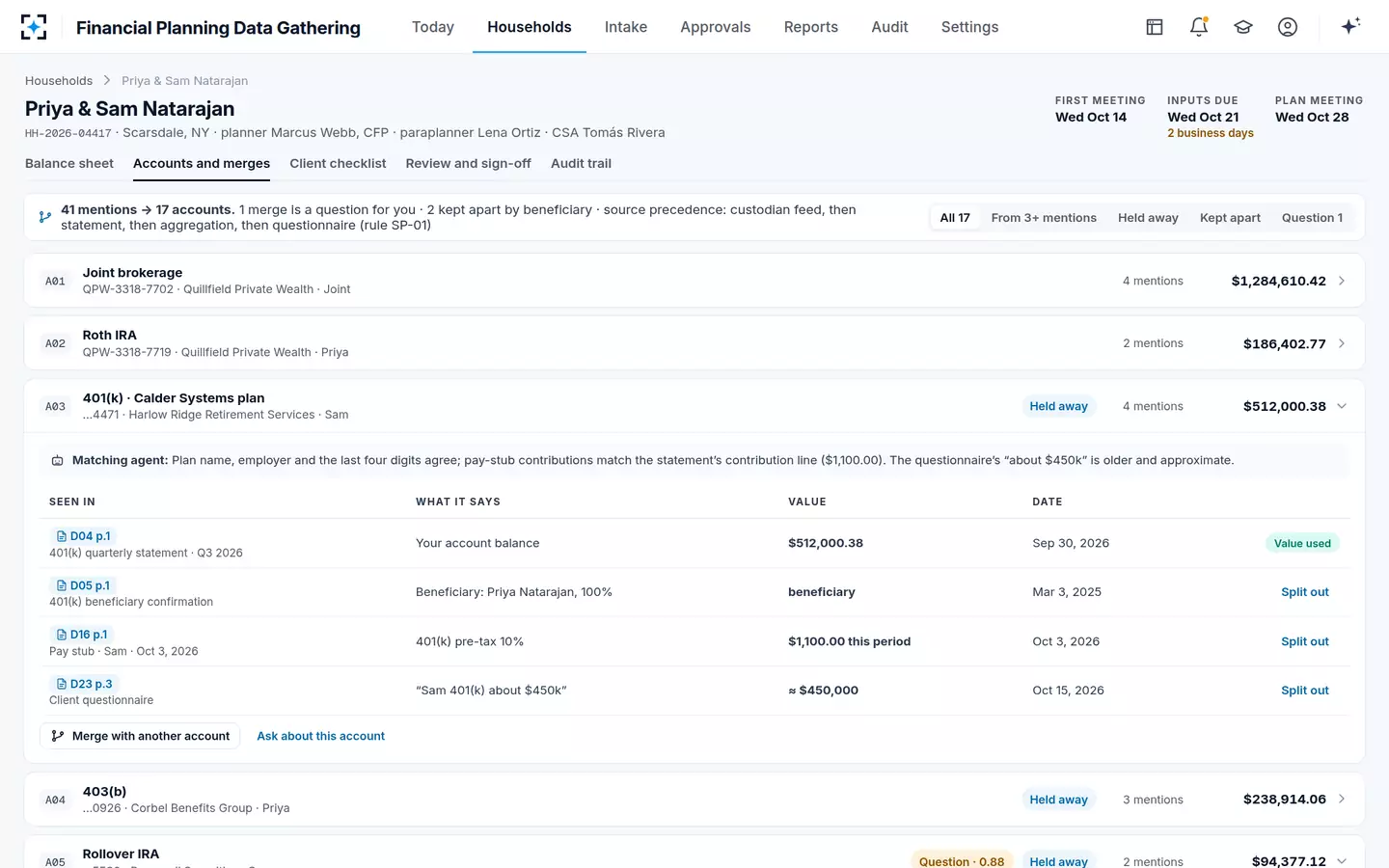 Financial Planning Data Gathering — Accounts and merges