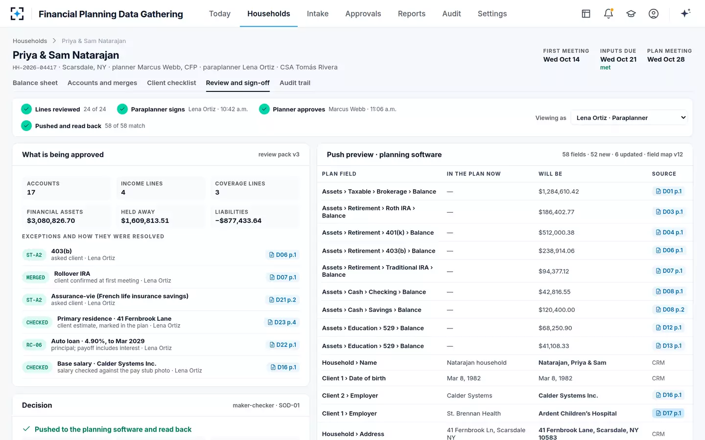 Financial Planning Data Gathering — Approved, pushed and read back