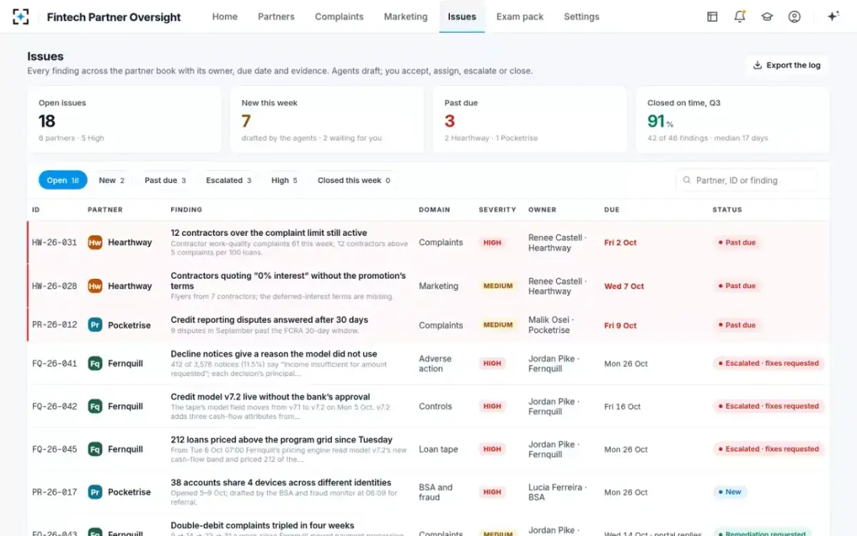 Fintech Partner Oversight — Issue log