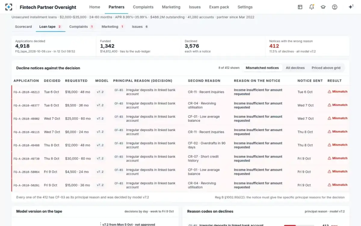 Fintech Partner Oversight — Mismatched notices