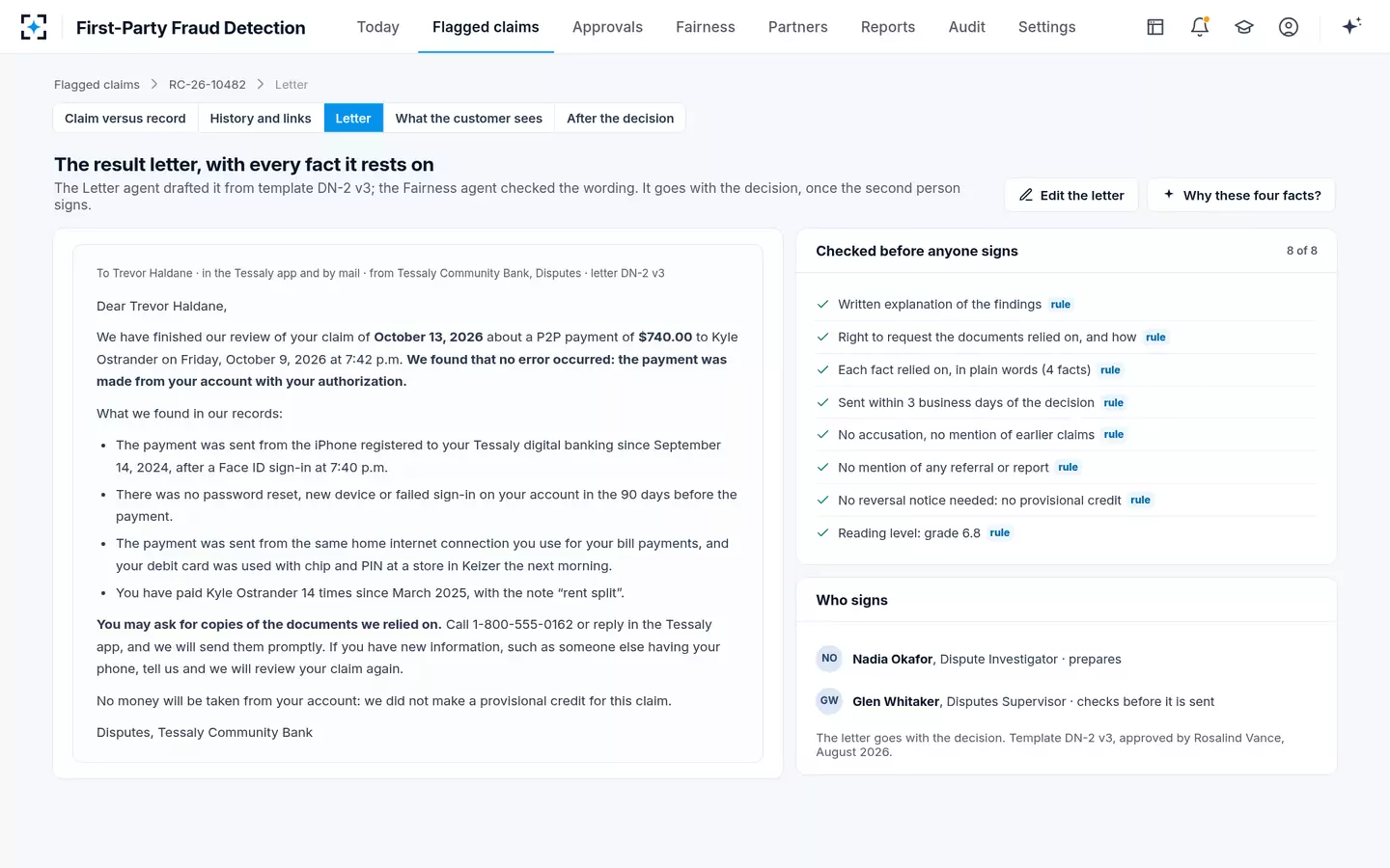 First-Party Fraud Detection — A result letter that lists every fact and the right to documents