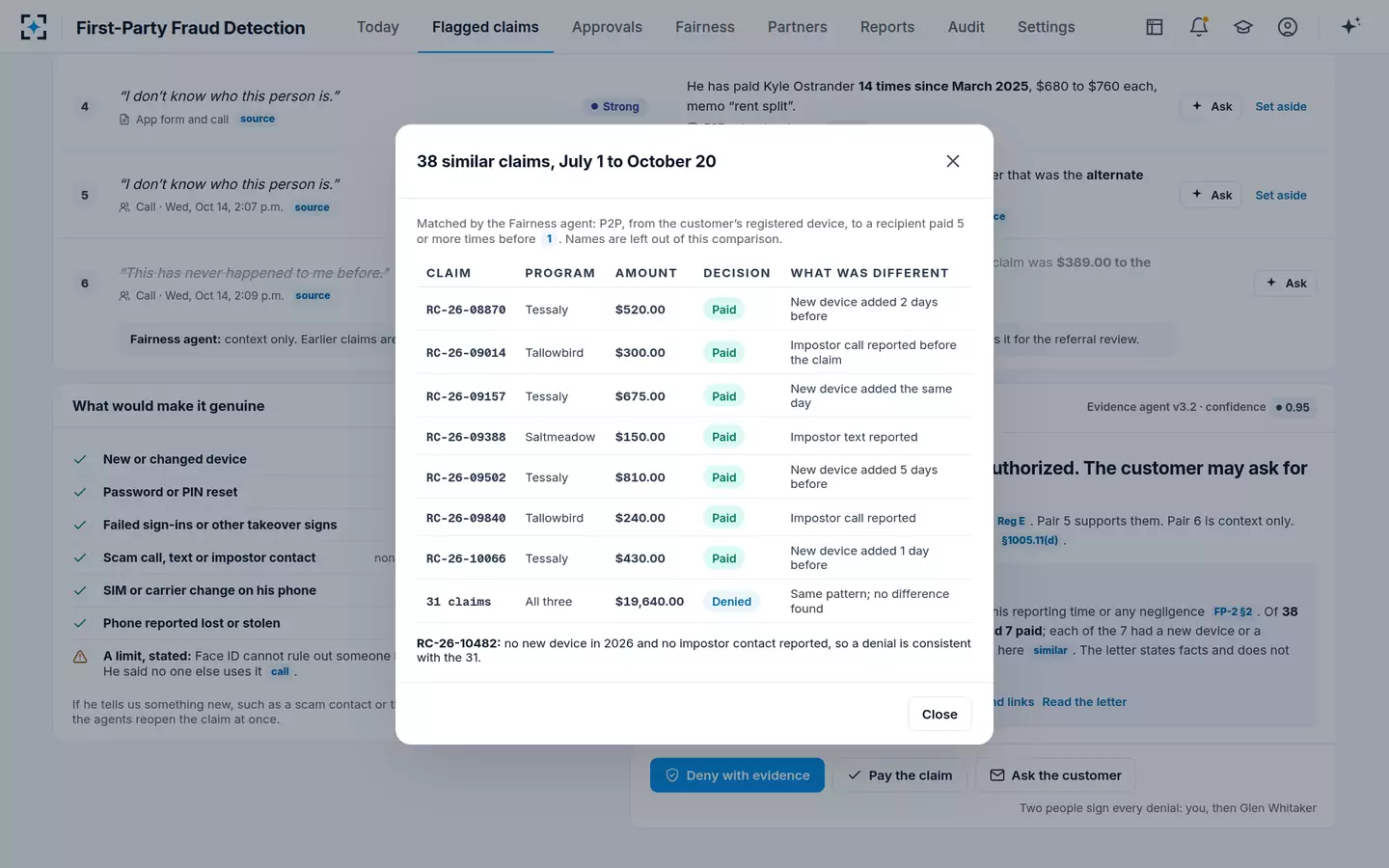 First-Party Fraud Detection — Thirty-eight similar claims, and what made the paid ones different