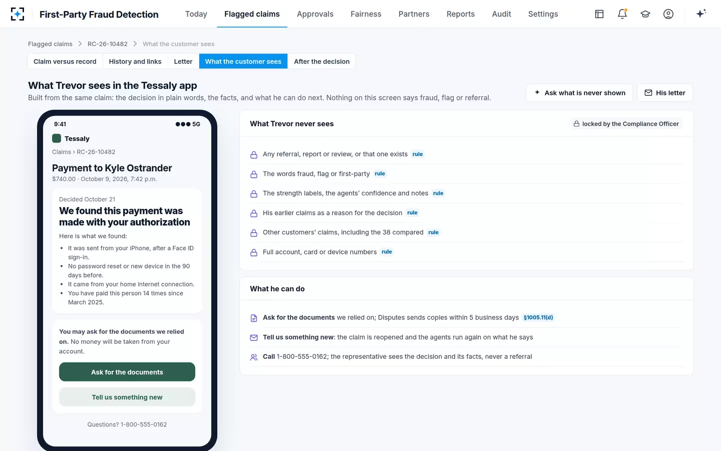 First-Party Fraud Detection — What the customer sees in the app, and what he never sees