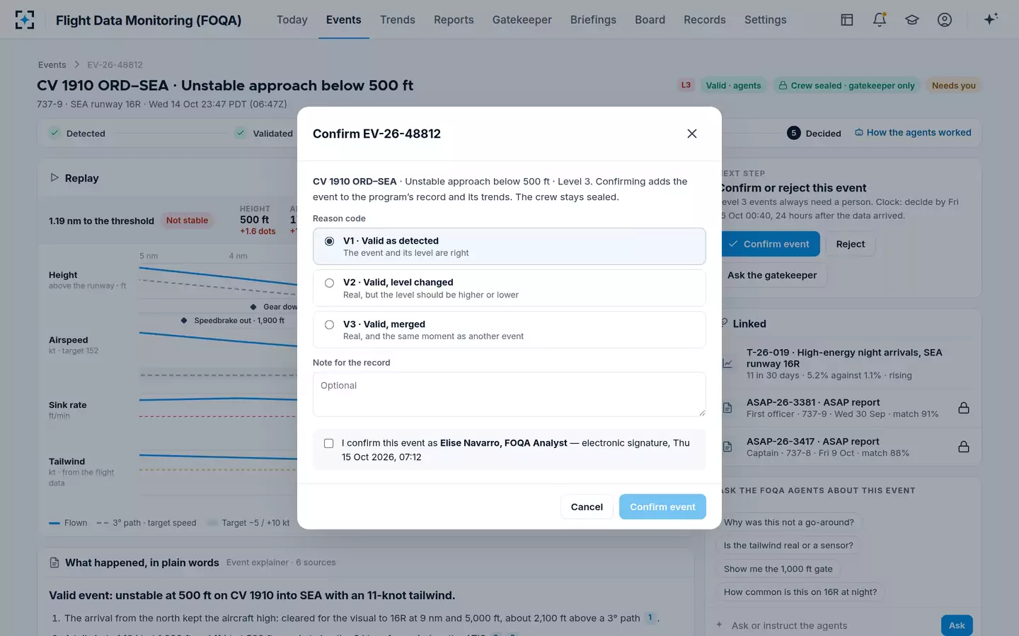Flight Data Monitoring (FOQA) — Confirm the event