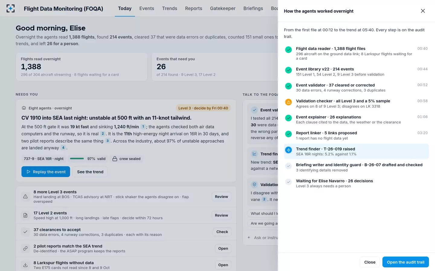 Flight Data Monitoring (FOQA) — How the agents worked overnight