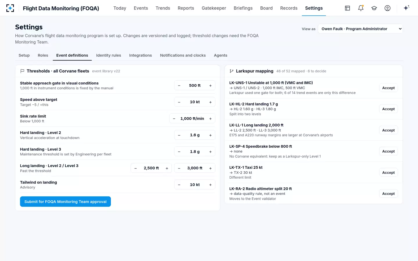 Flight Data Monitoring (FOQA) — Event thresholds