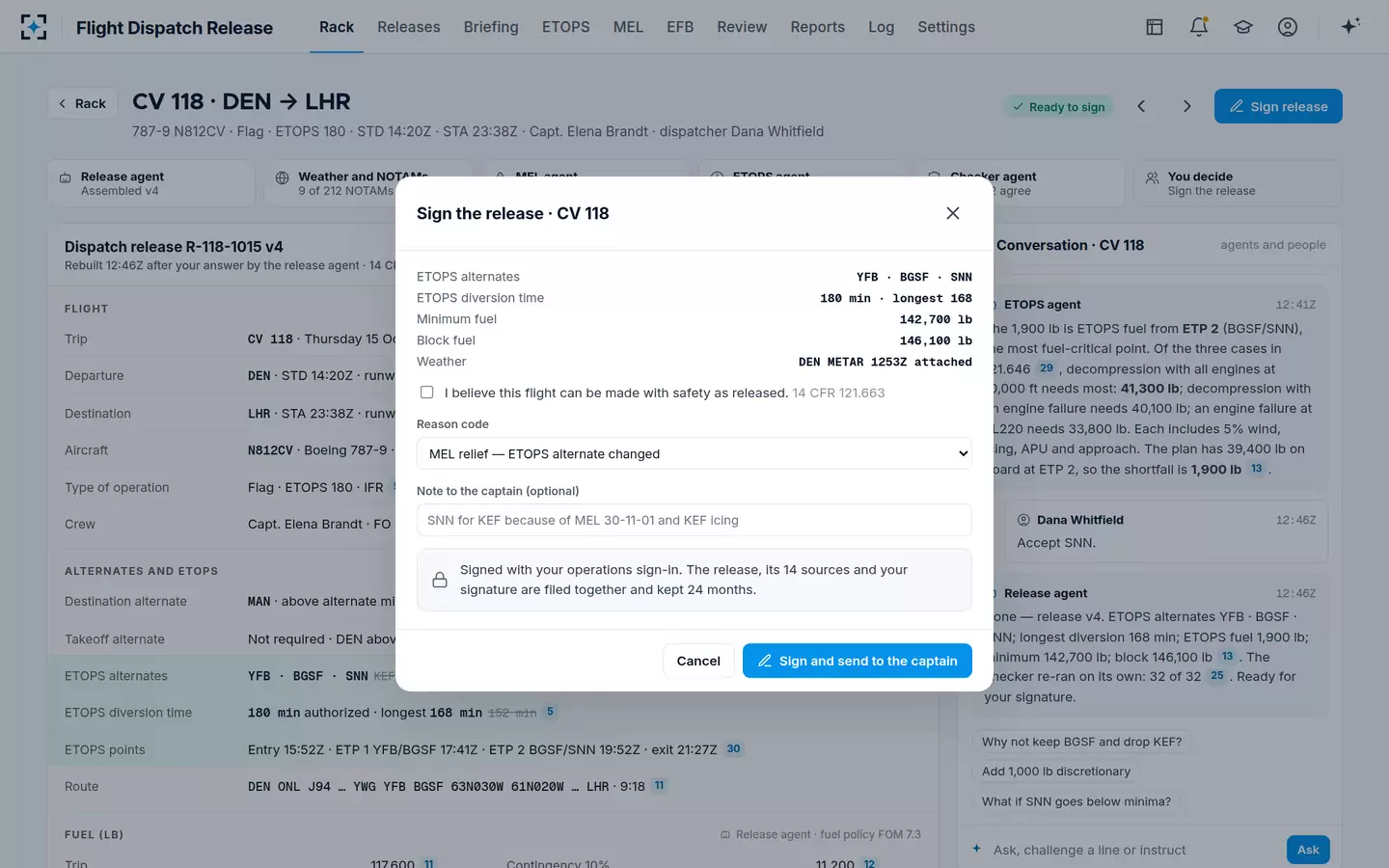 Flight Dispatch Release — Sign the dispatch release