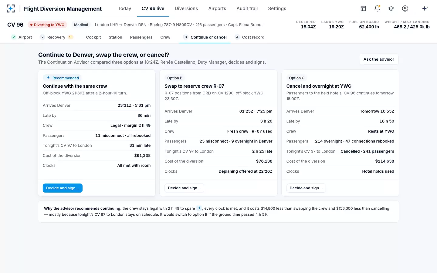 Flight Diversion Management — Continue, swap the crew or cancel