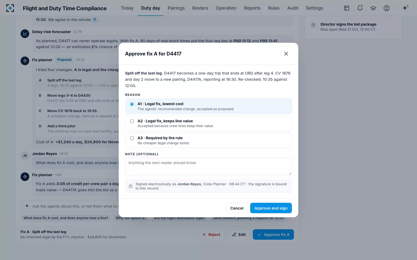 Flight and Duty Time Compliance — Approve with a reason and signature