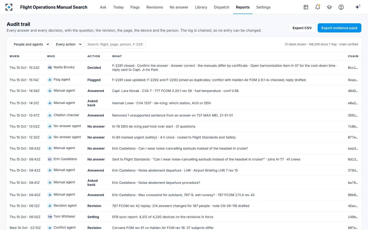 Flight Operations Manual Search — Audit trail and evidence packs