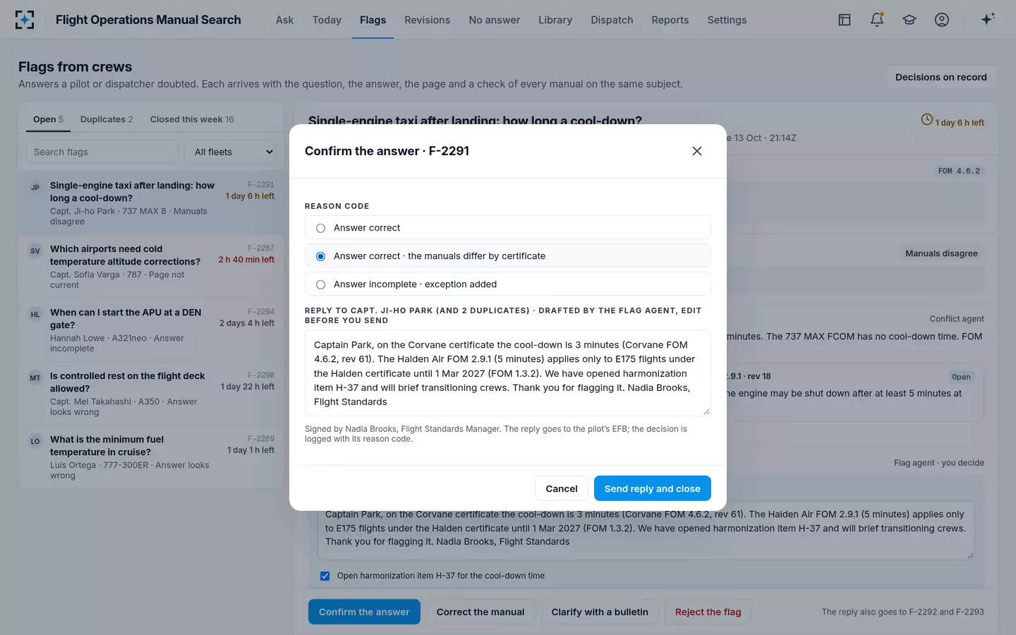 Flight Operations Manual Search — Decide with a reason code