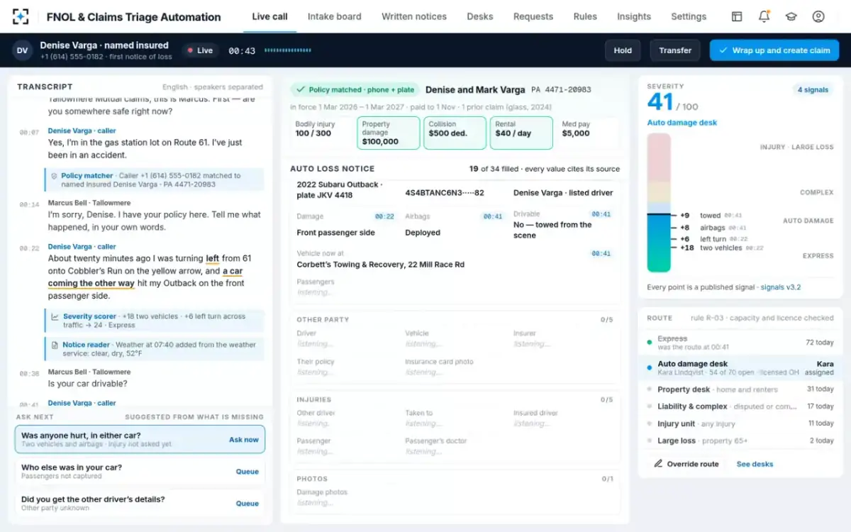 FNOL & Claims Triage Automation — Policy matched, fields filling