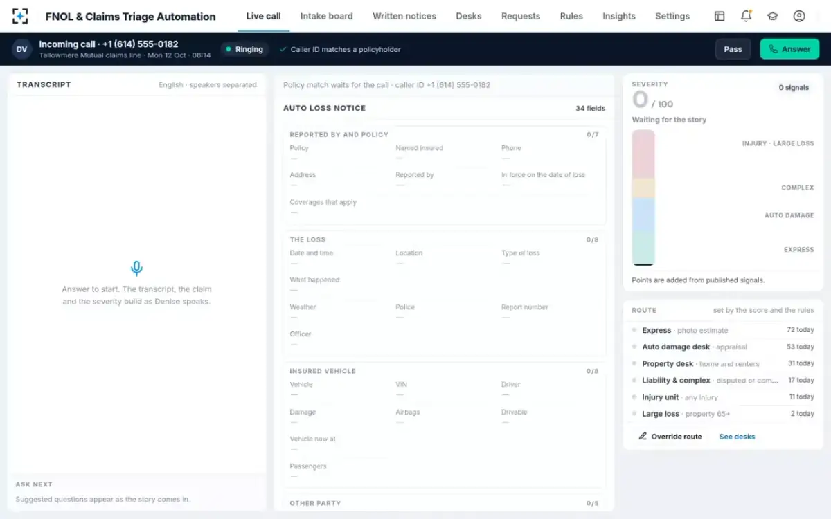 FNOL & Claims Triage Automation — Incoming call