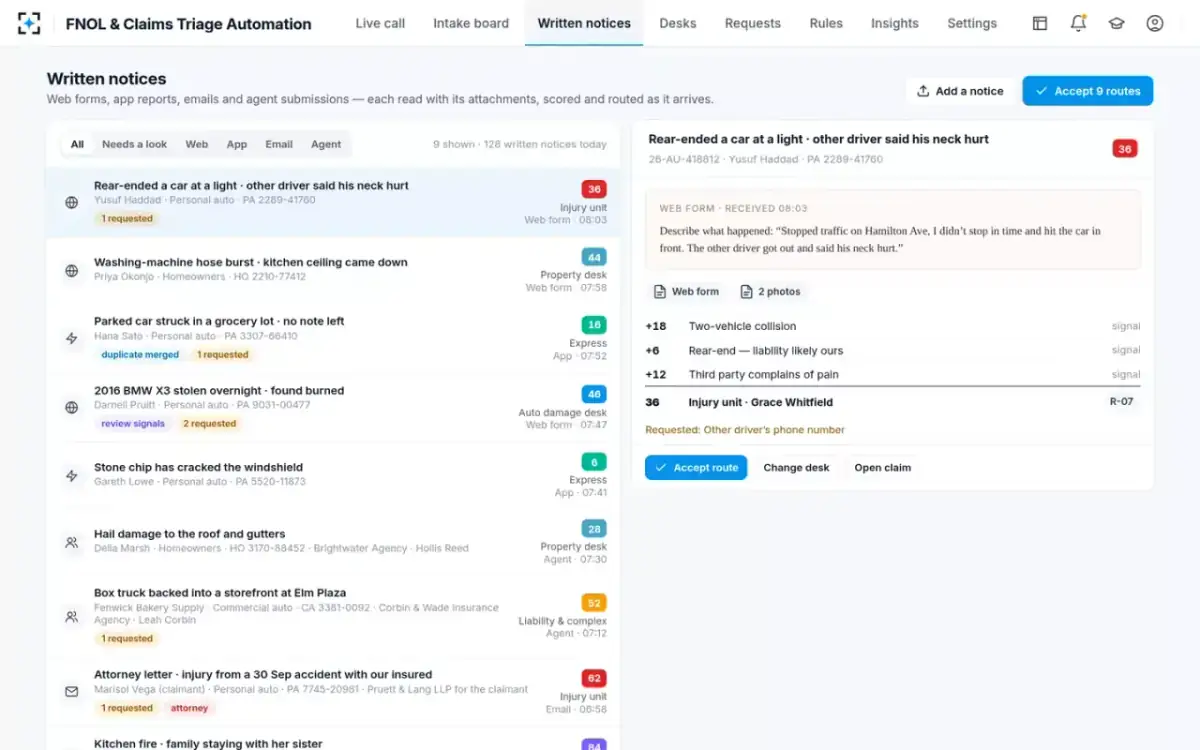 FNOL & Claims Triage Automation — Written notices