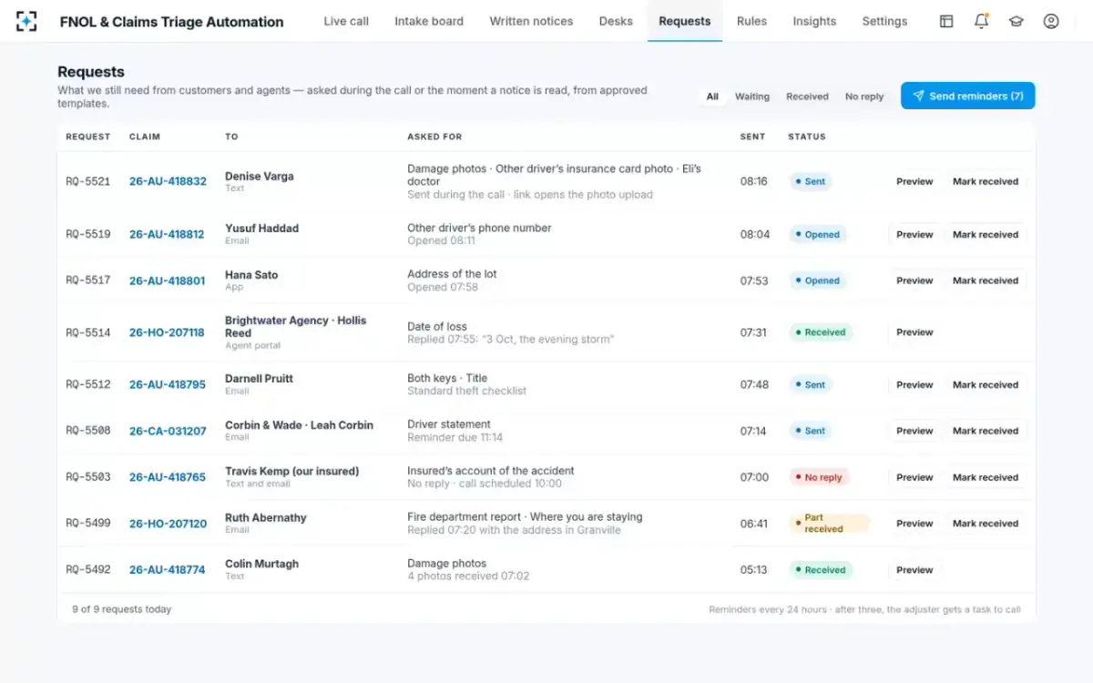 FNOL & Claims Triage Automation — Requests