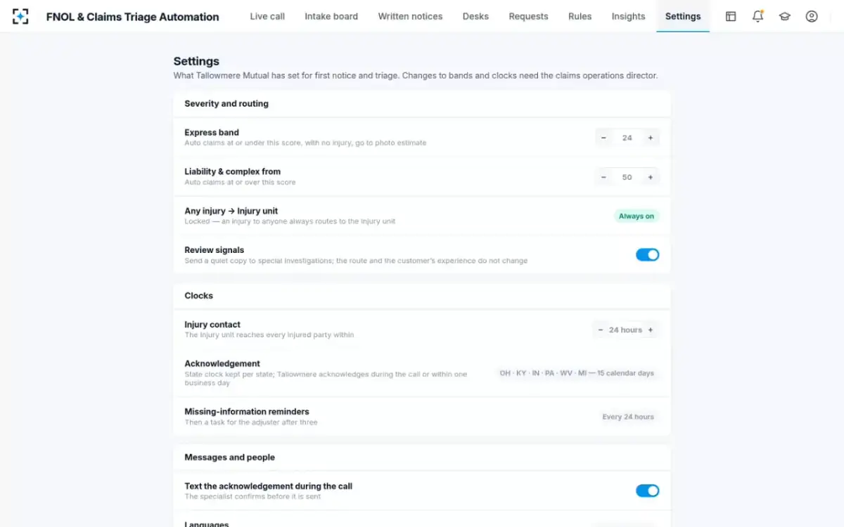 FNOL & Claims Triage Automation — Settings