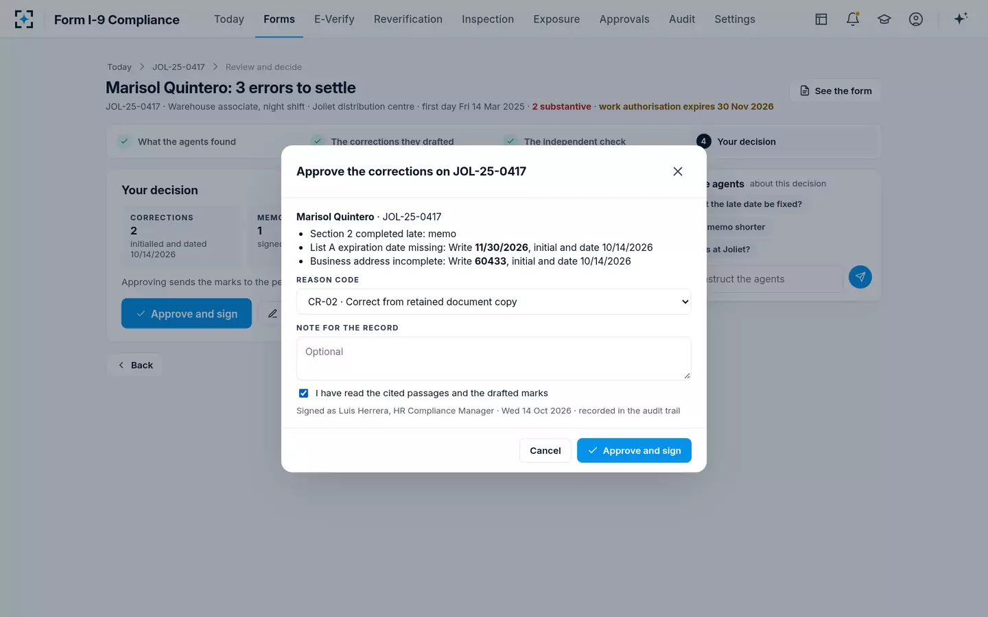 Form I-9 Compliance — Approve with a reason code