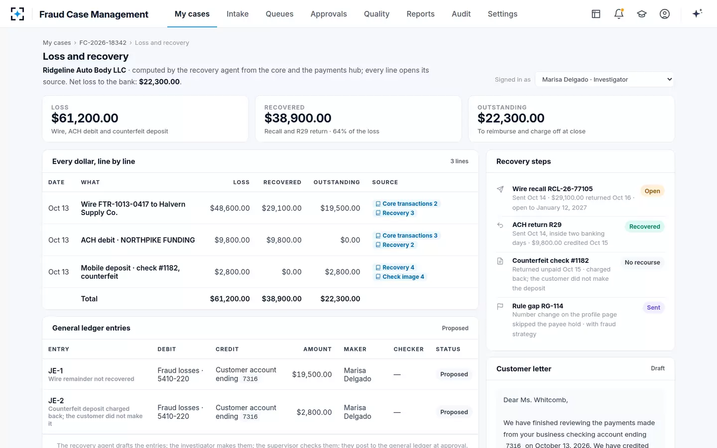 Fraud Case Management — Loss and recovery