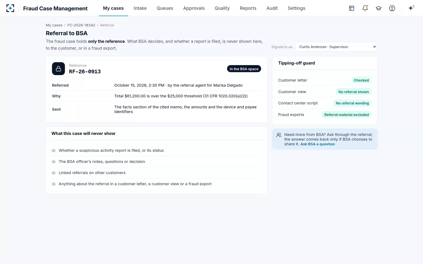 Fraud Case Management — Referral to BSA