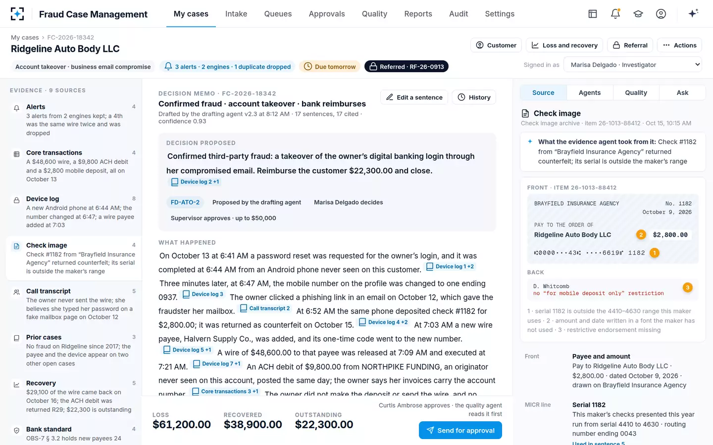 Fraud Case Management — The check image