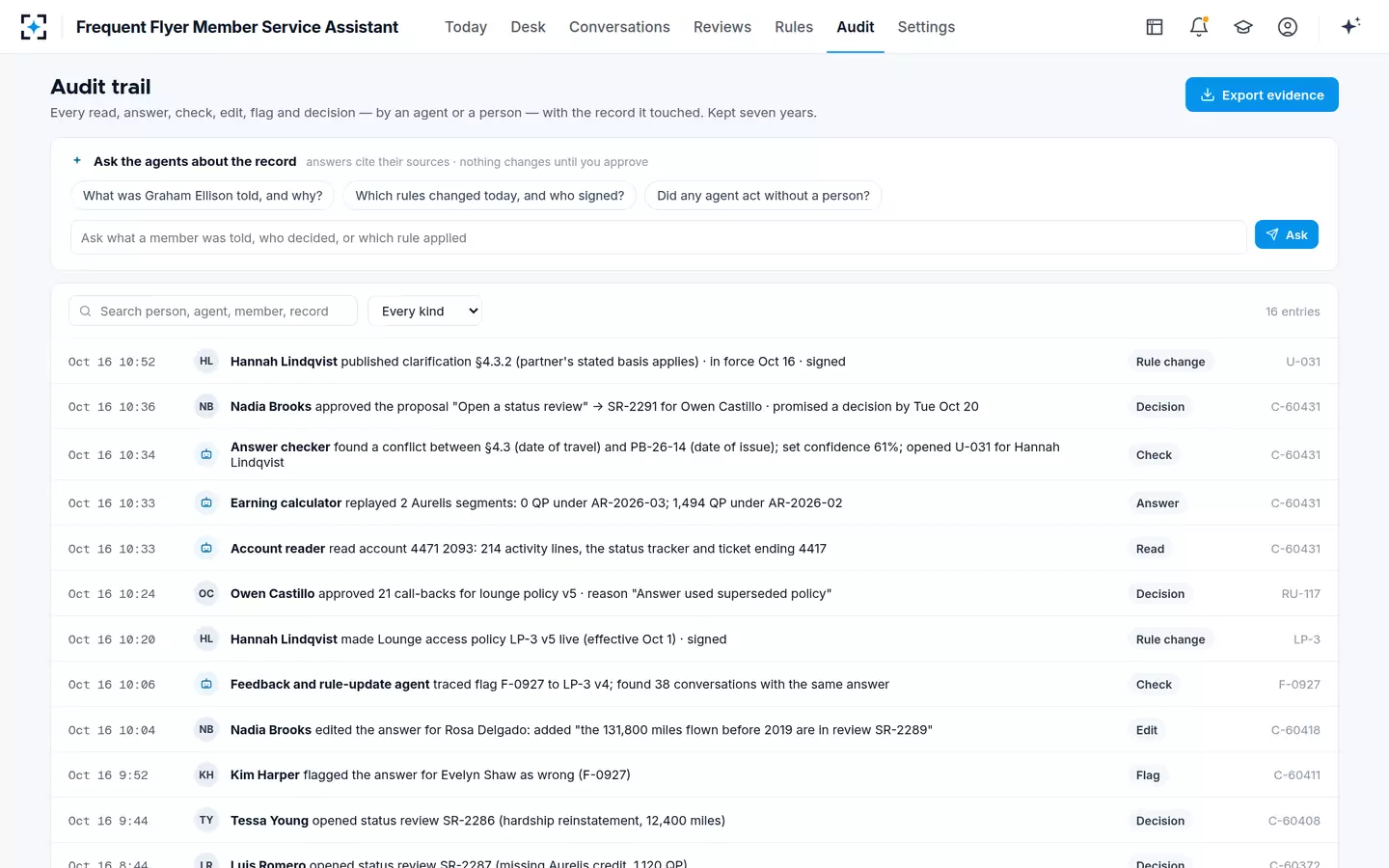 Frequent Flyer Member Service Assistant — The audit trail