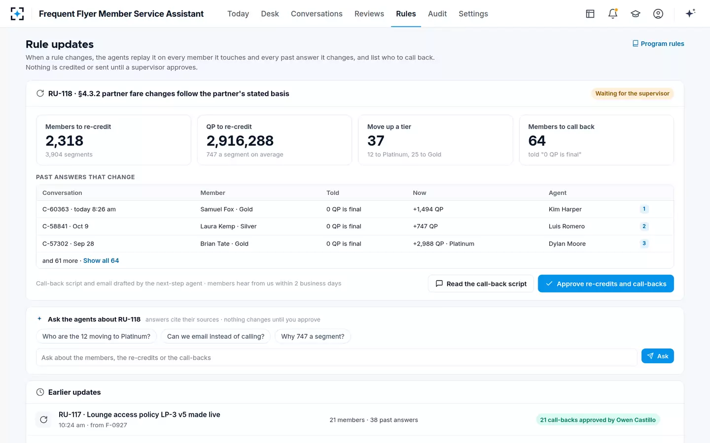 Frequent Flyer Member Service Assistant — Rule updates and call-backs