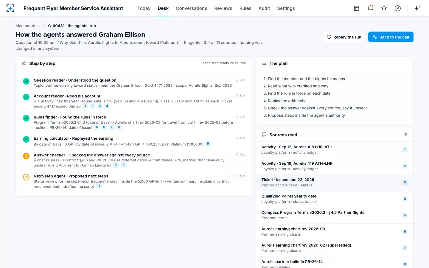 Frequent Flyer Member Service Assistant — How the agents answered