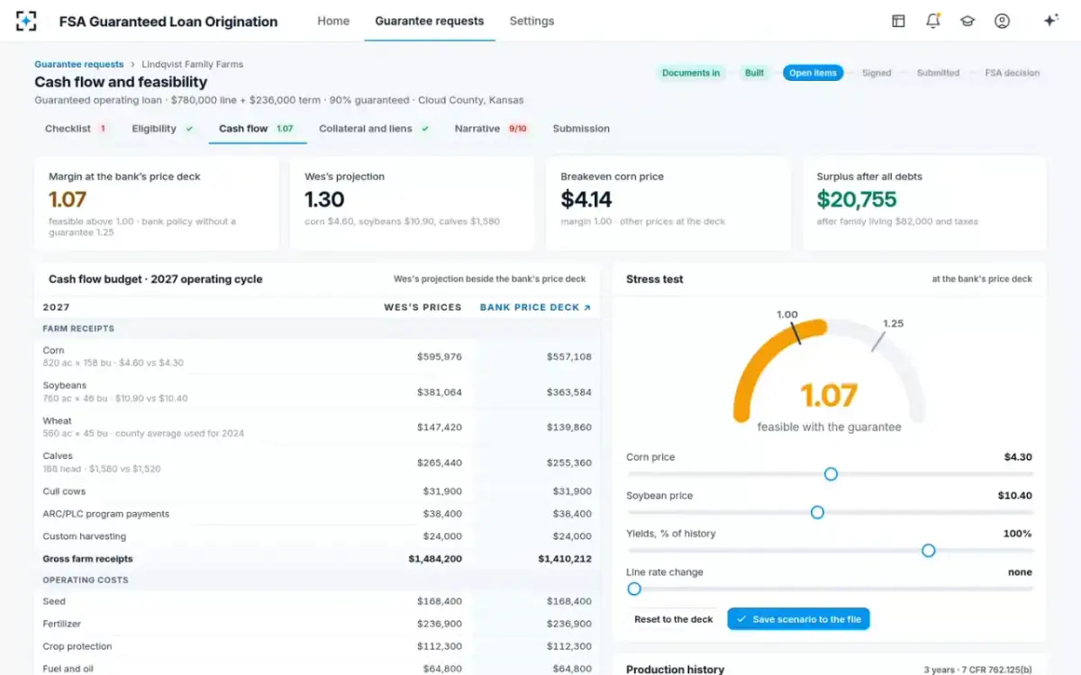 FSA Guaranteed Loan Origination — Cash flow and feasibility