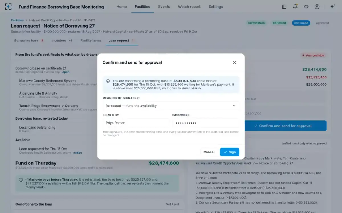 Fund Finance Borrowing Base Monitoring — Confirm and send for approval