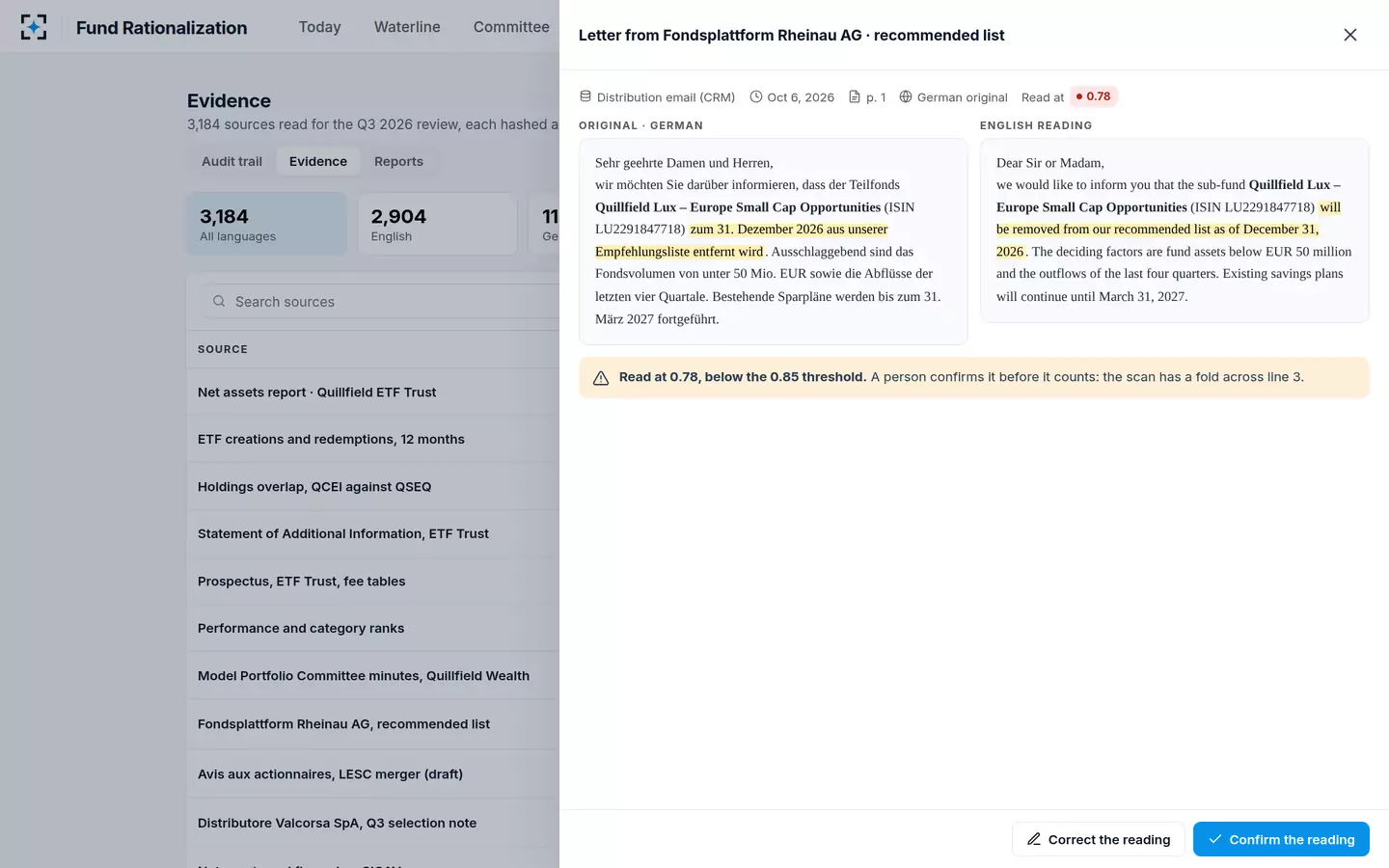 Fund Rationalization — A German letter, read side by side