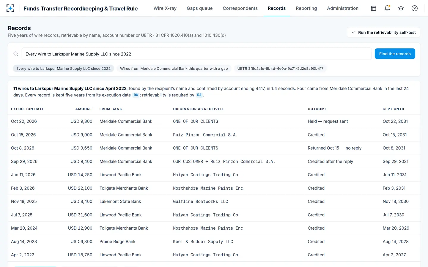 Funds Transfer Recordkeeping & Travel Rule — Funds transfer records search