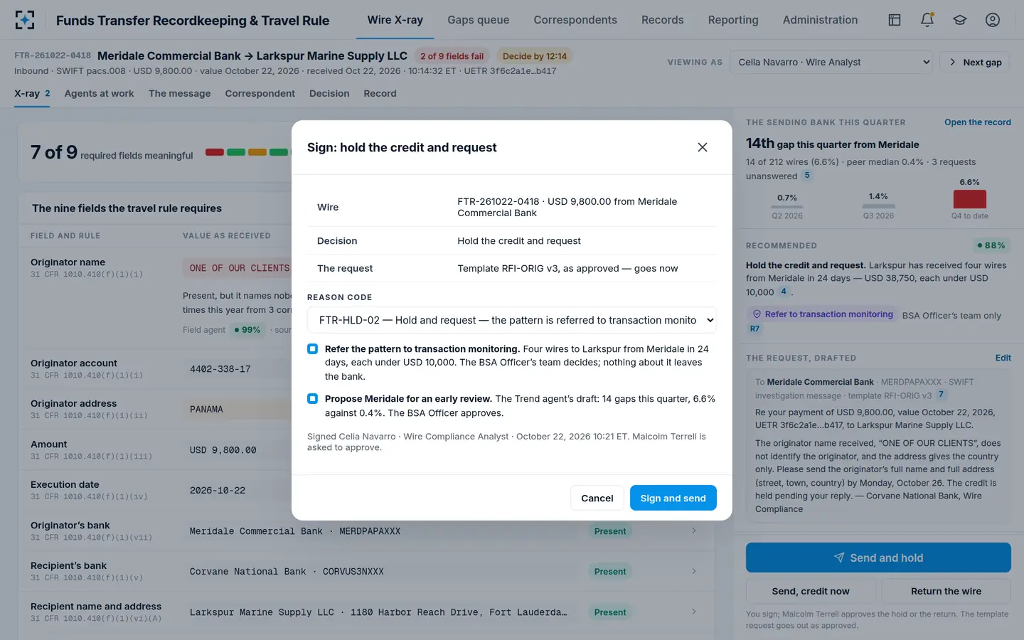 Funds Transfer Recordkeeping & Travel Rule — Sign: hold the credit and request