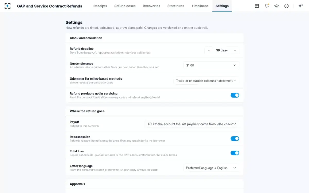 GAP and Service Contract Refunds — Settings